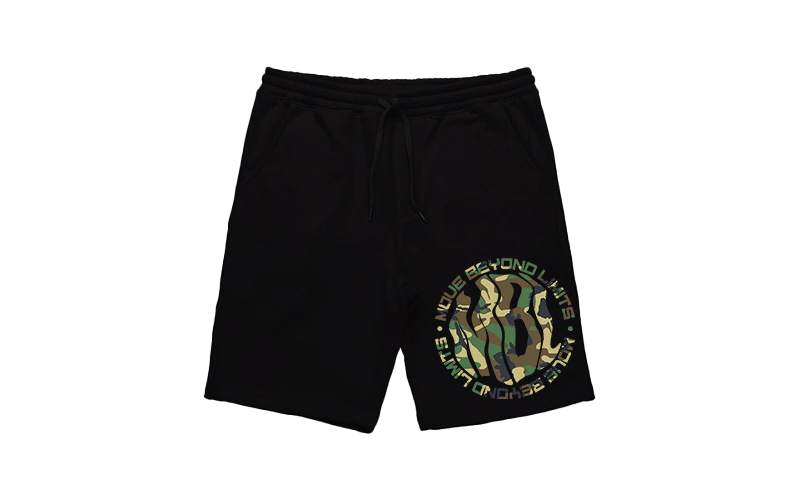 HRZN OVERSIZED BLACK AND GREEN CAMO SHORTS