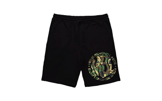 HRZN OVERSIZED BLACK AND GREEN CAMO SHORTS